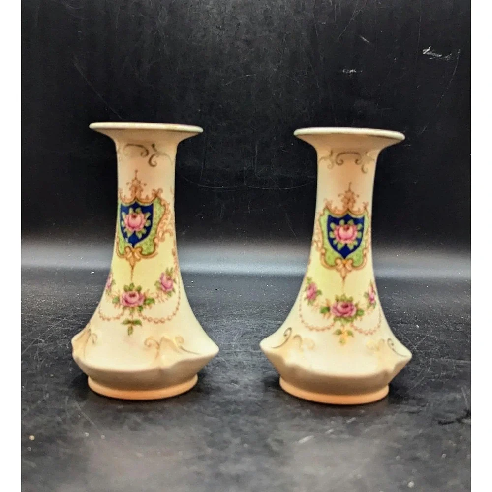 Antique Set/2 Crown Ducal Transferware Candle Sticks Flower Floral 5.5